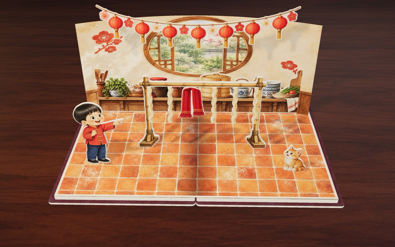Noodles and a red scarf hang on the bamboo drying pole: tap one to make it long or short.