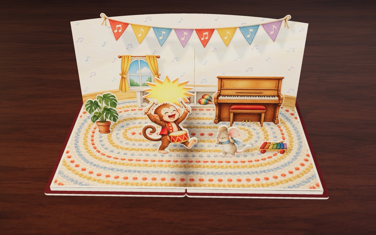 Monkey bangs his red drum and Mouse covers its ears, in Loud Drum, Quiet Mouse.