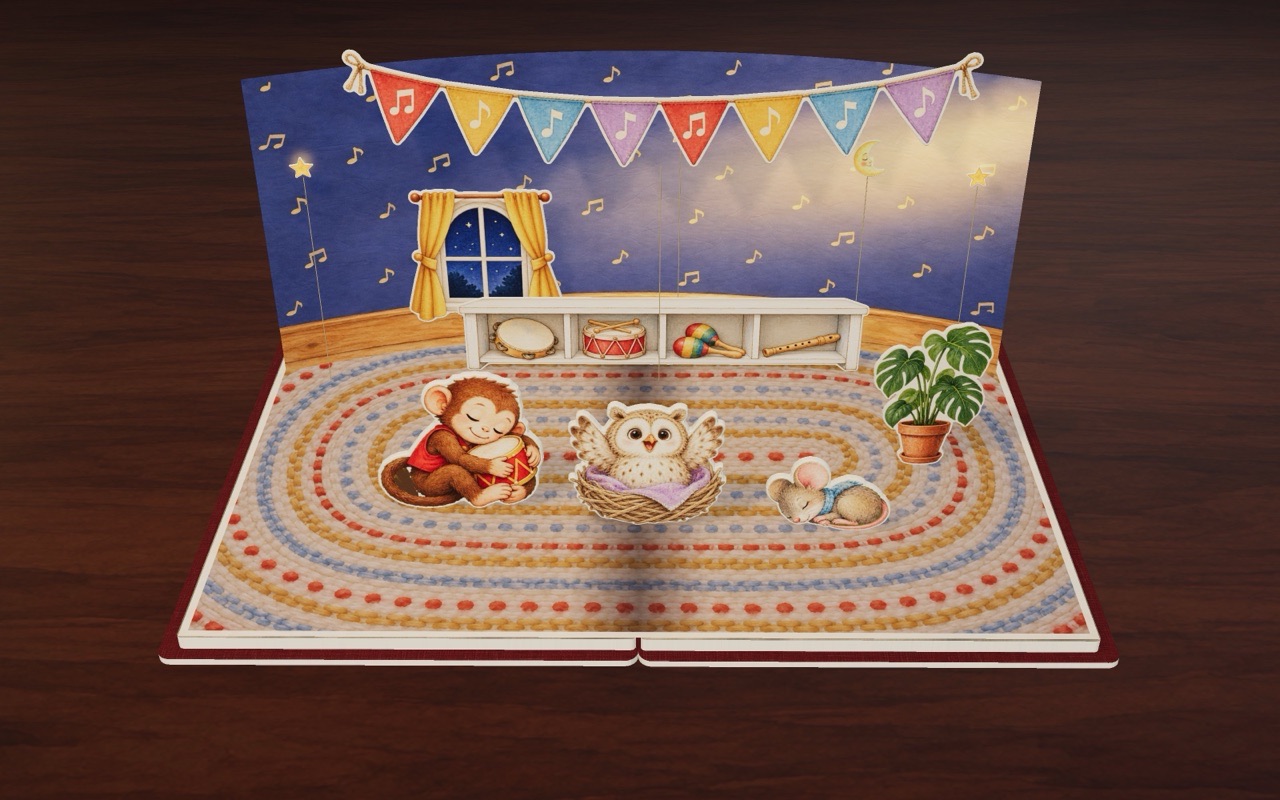 At night Monkey and Mouse sleep, and the owl says “Hoo, hoo!”