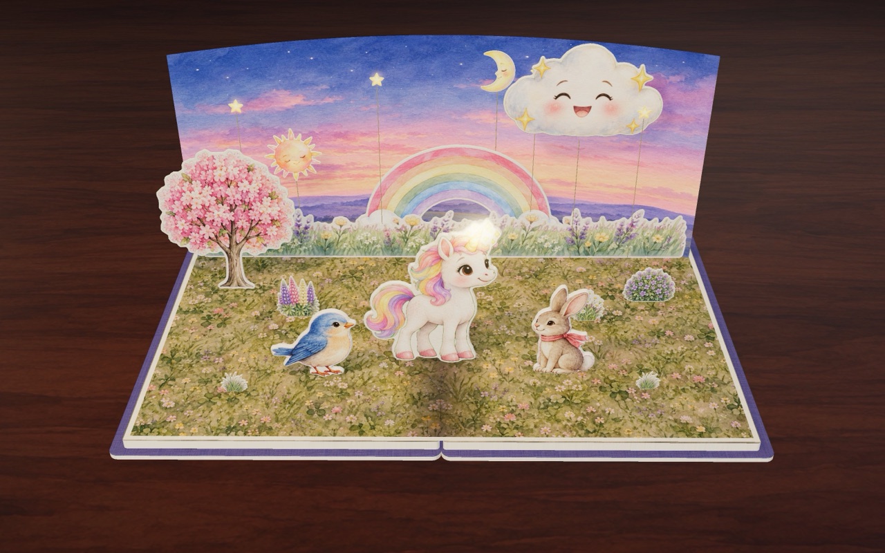 Luna and her friends under the rainbow at dusk, with the happy cloud and the first stars, in Luna the Little Unicorn.