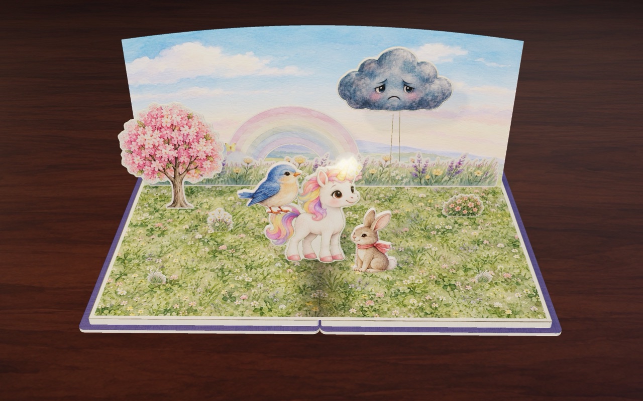 Bunny and Bluebird hug Luna under the grey cloud.