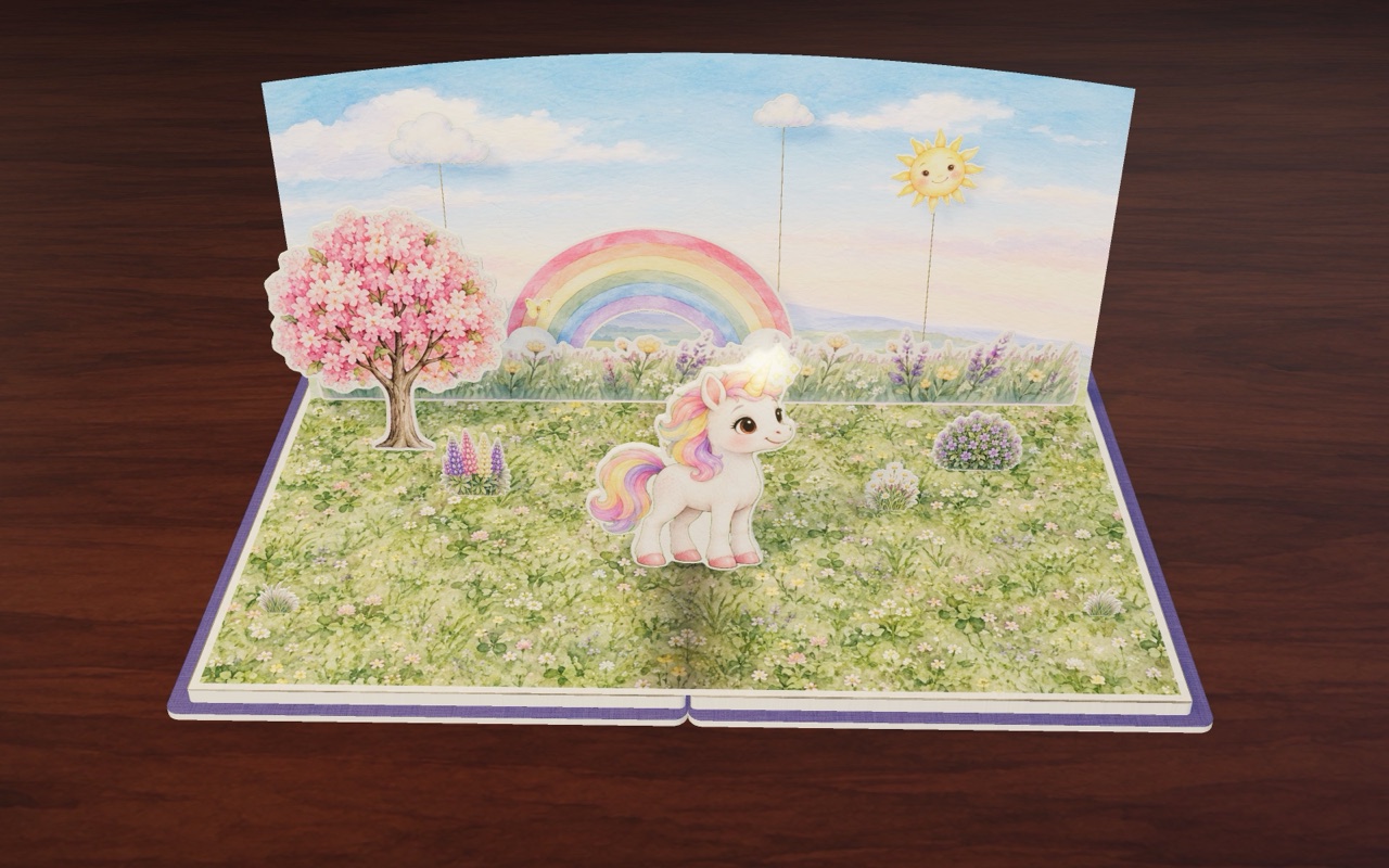 Luna in the rainbow meadow, her horn sparkling.