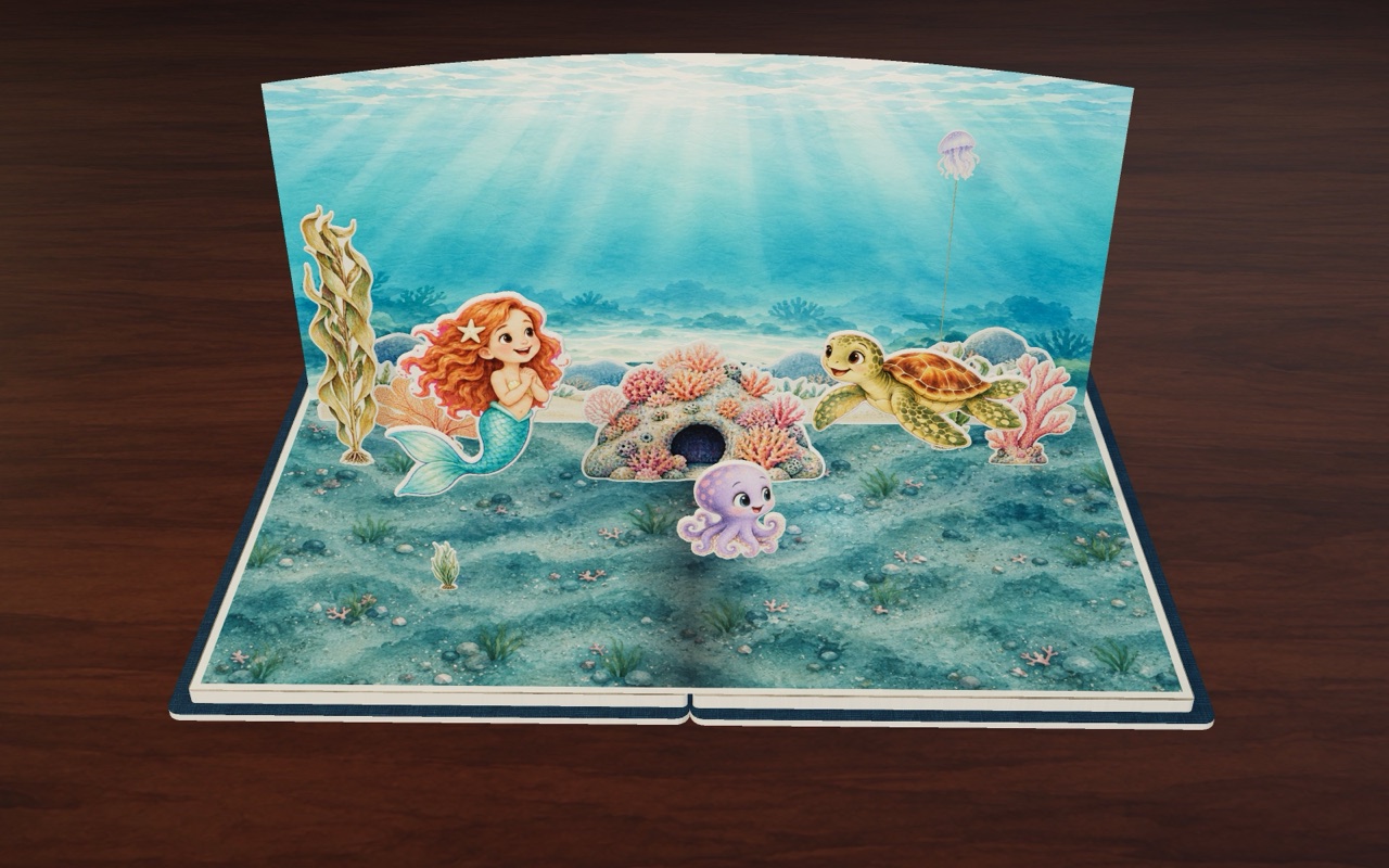 A little octopus called Ollie looks out of his hole in Marina’s Missing Pearl.