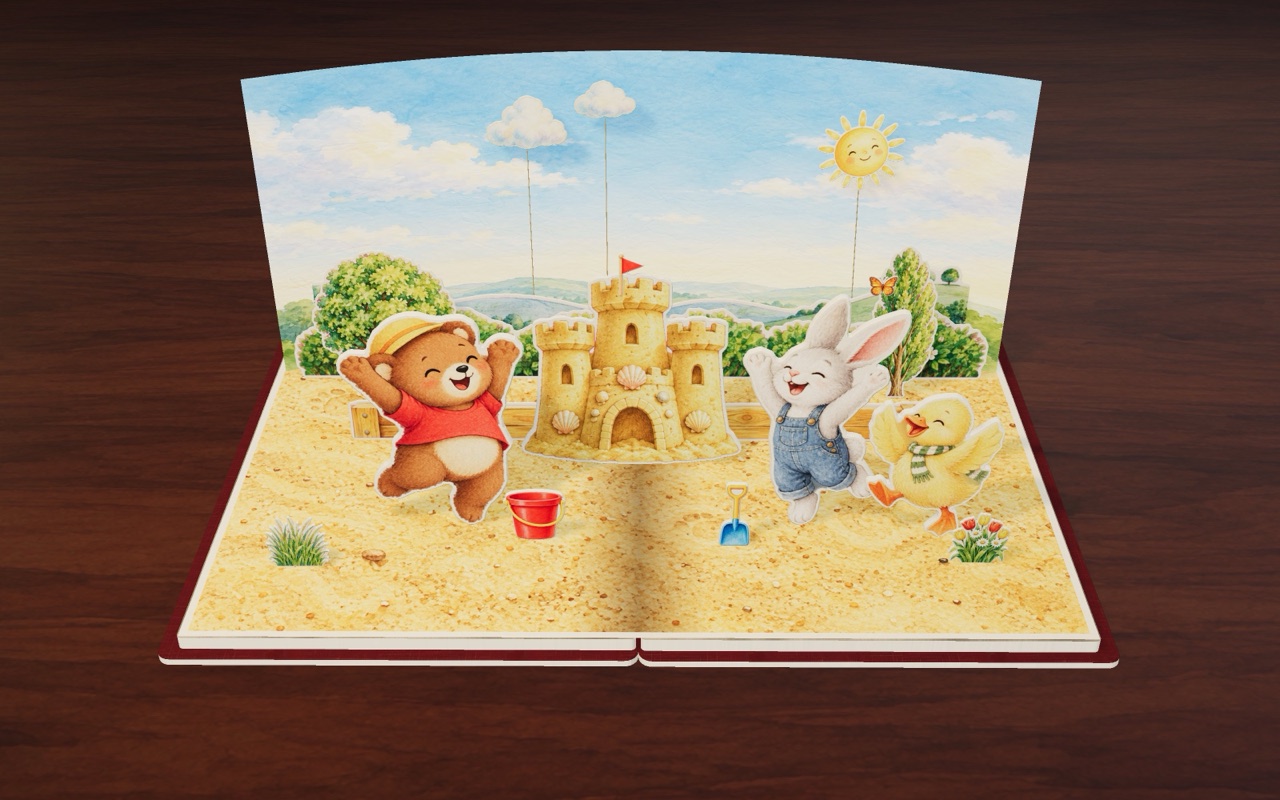 Momo, Bunny and Duckling share the toys and build a big sandcastle.