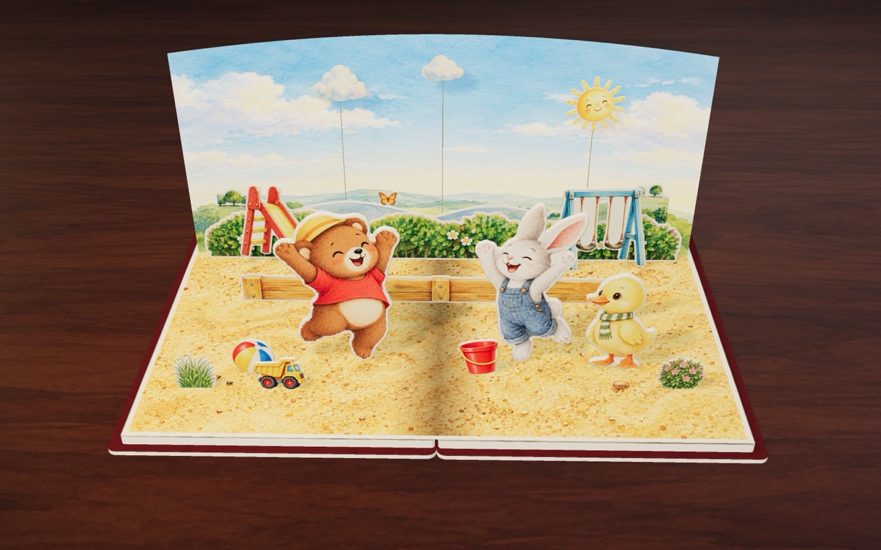 Momo the bear cub has shared her red bucket, and she and Bunny jump for joy in Mine or Share?