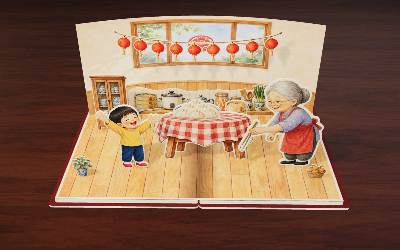 Grandma puts more dumplings on the plate while Leo asks, “More dumplings, please!”