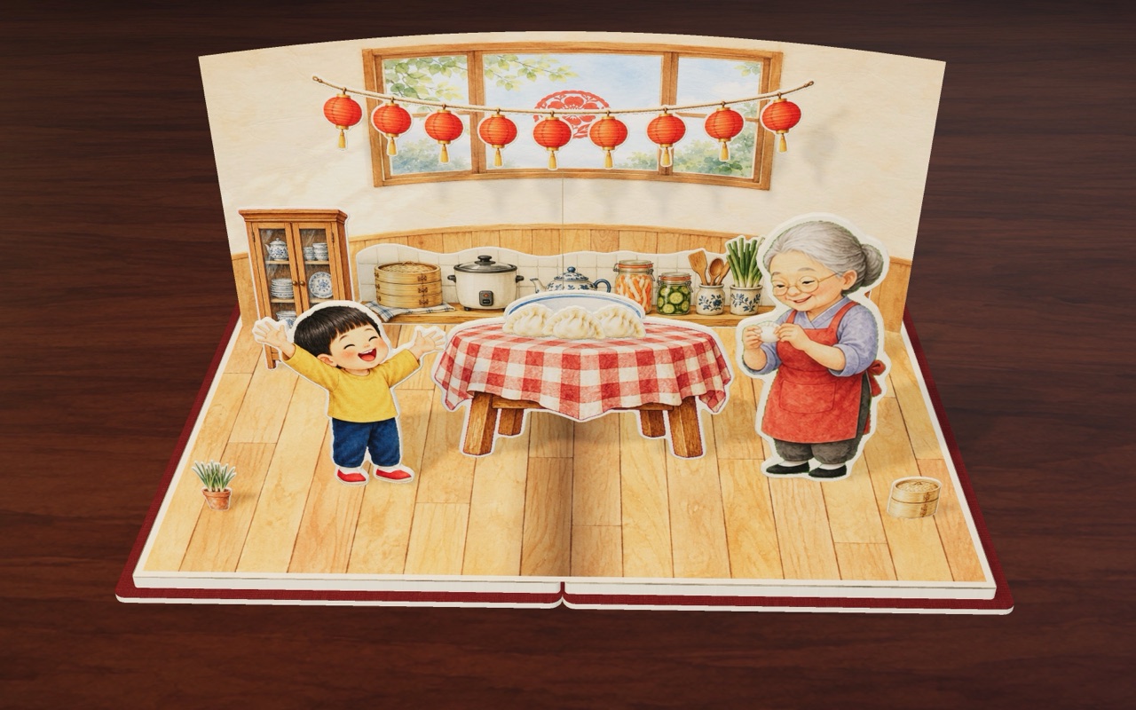 Leo and Grandma make dumplings together in a warm kitchen hung with red lanterns.
