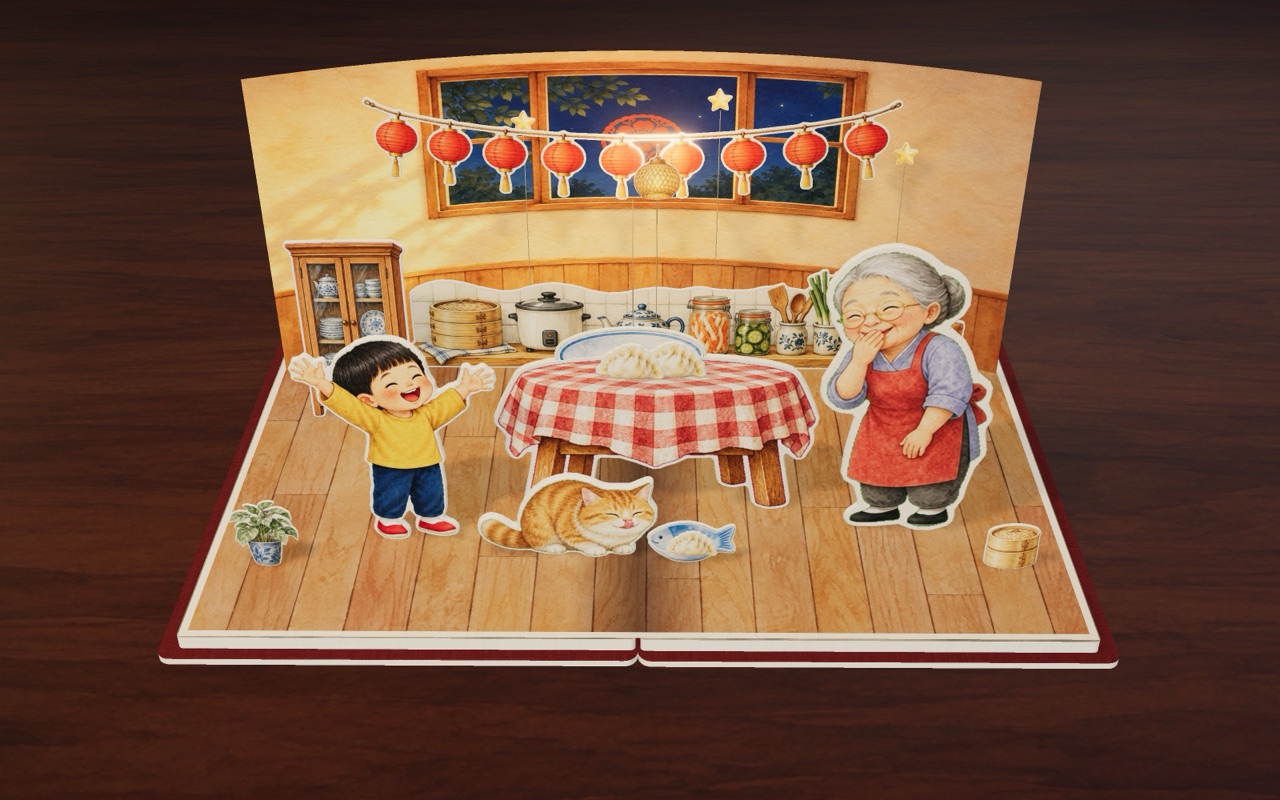 In the evening lamplight, Mimi the cat gets a dumpling too.