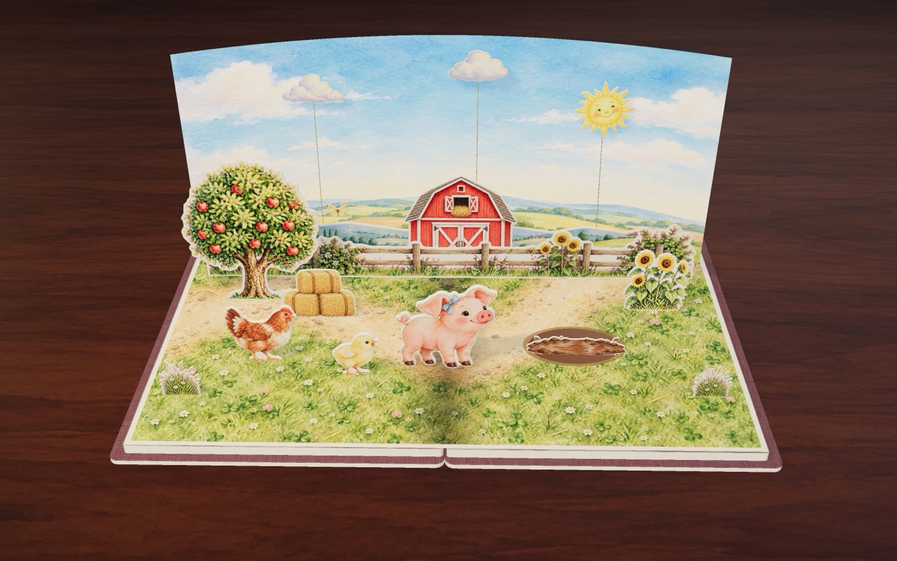 Penny on the sunny farm, next to the red barn.