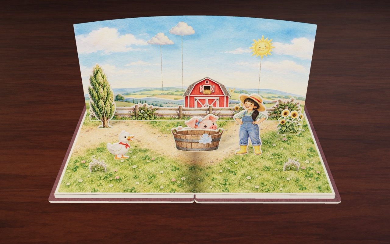 Penny in the washtub with Farmer Lin and Dilly.