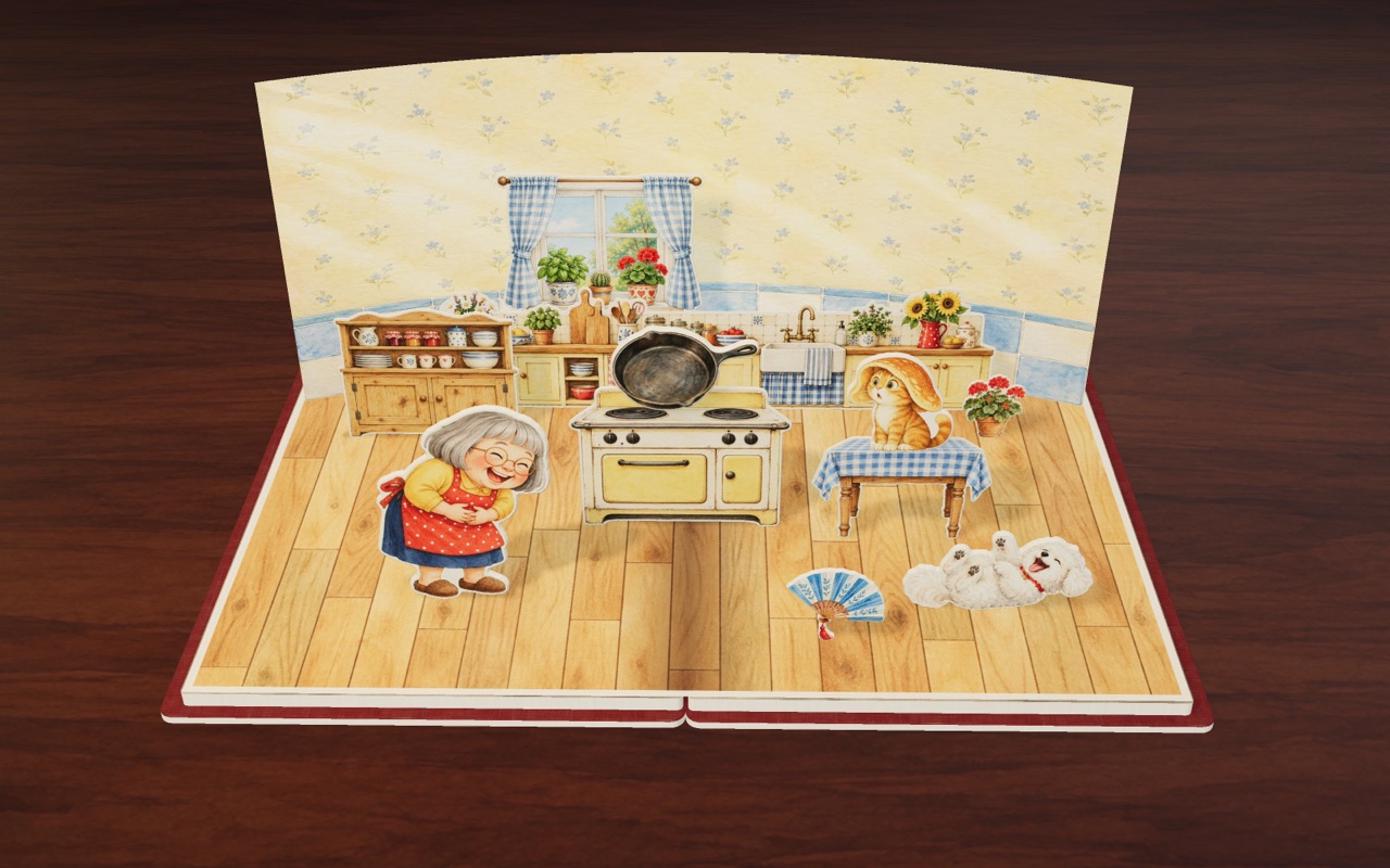 Plop! The pancake lands on Cat’s head like a hat, and Nan and Dog can not stop laughing in Nan’s Hot Pan.