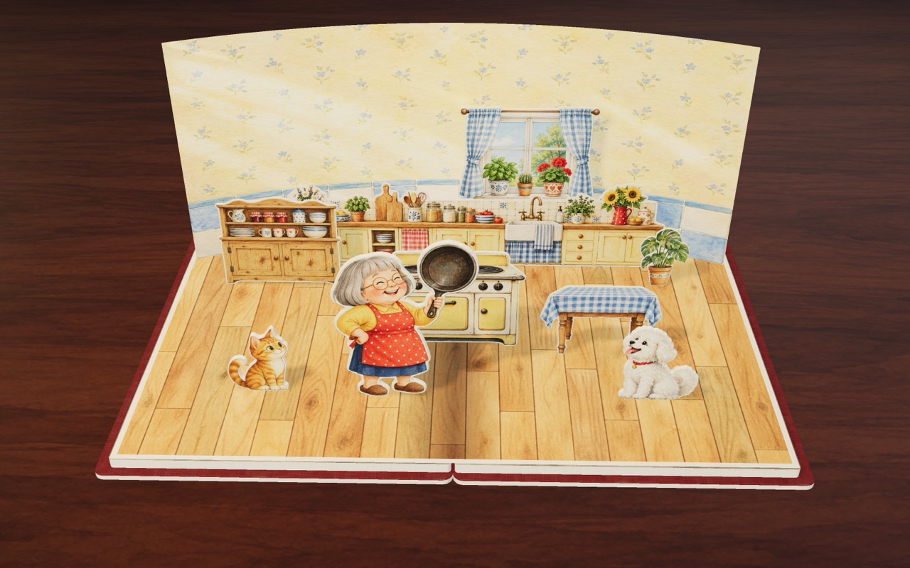 Nan holds up her big black pan in her cosy kitchen.