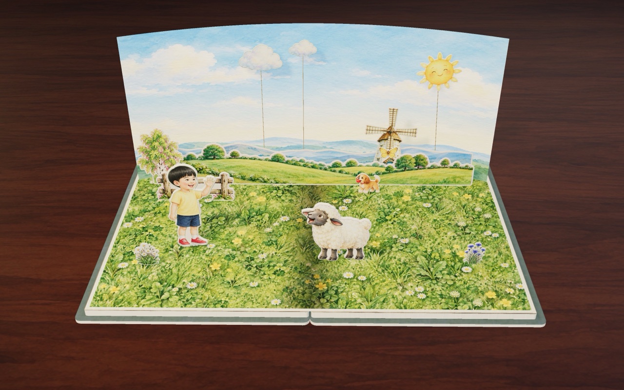 Baa! The sheep comes near, big at the front of the page.
