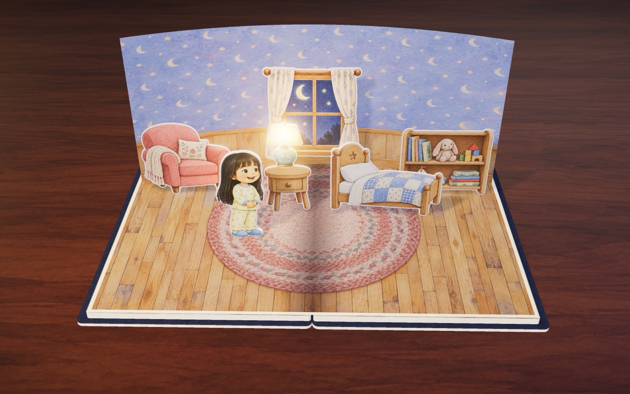 Lulu turns the lamp on in her cozy bedroom, in Lights On, Lights Off.