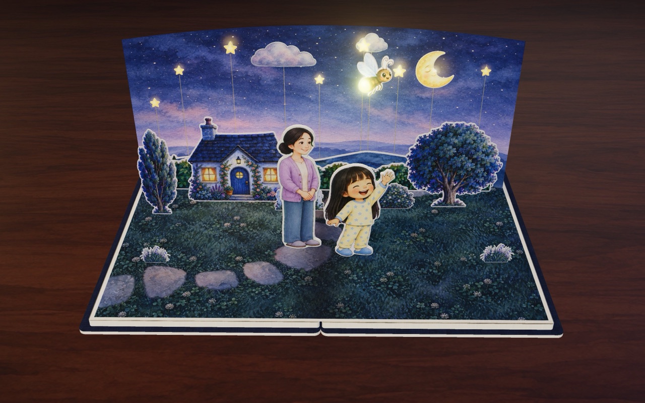Outside, the stars are on too, and the firefly flies up to them.