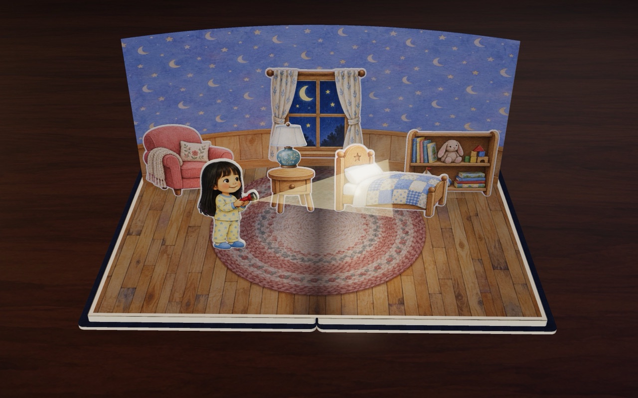 Lulu turns her torch on in the dark bedroom.