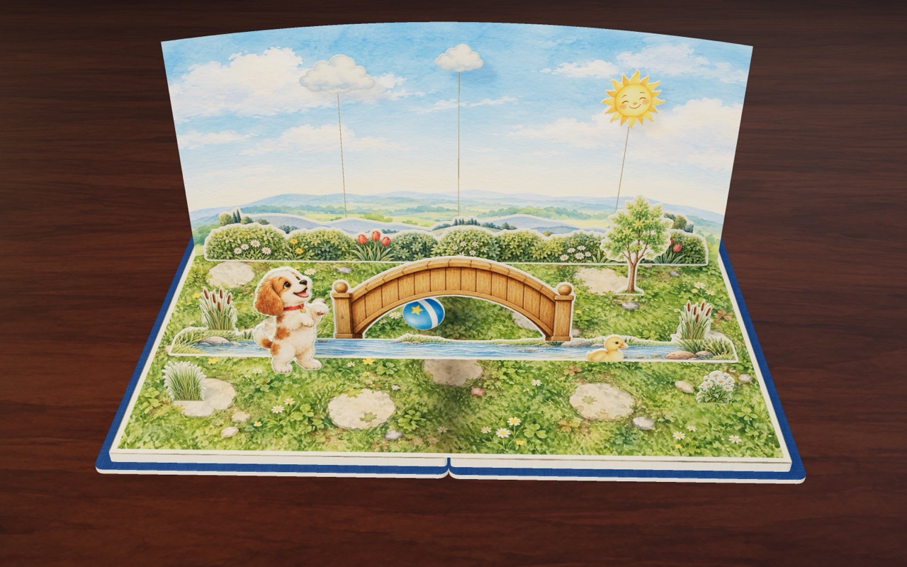 The blue ball floats under the bridge while Pup watches.