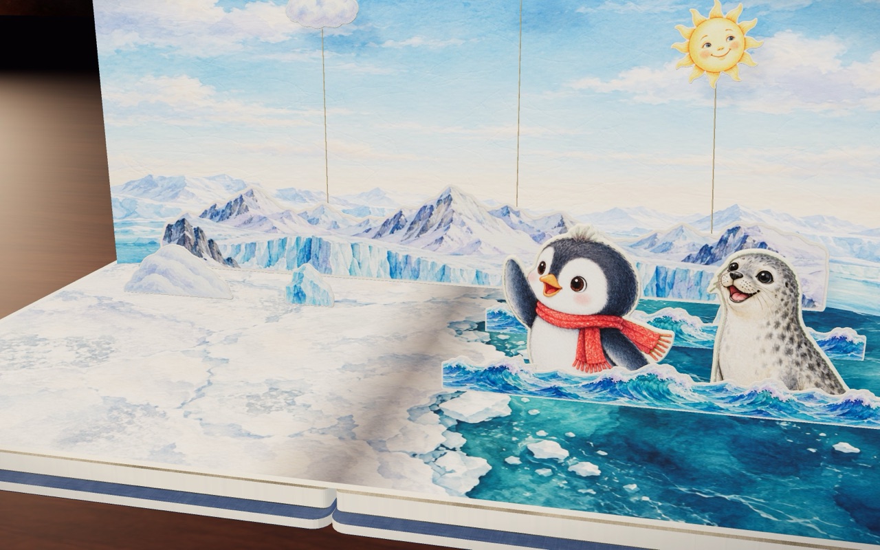 Pom the penguin pops up in the sea next to Sal the seal in Waddle and Glide.