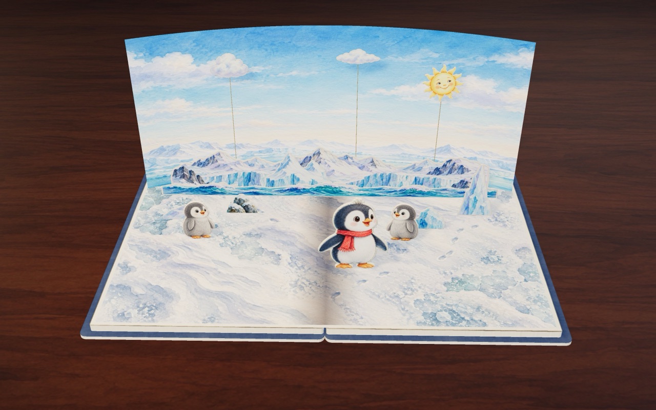 Pom waddles across the snow with two little chicks.
