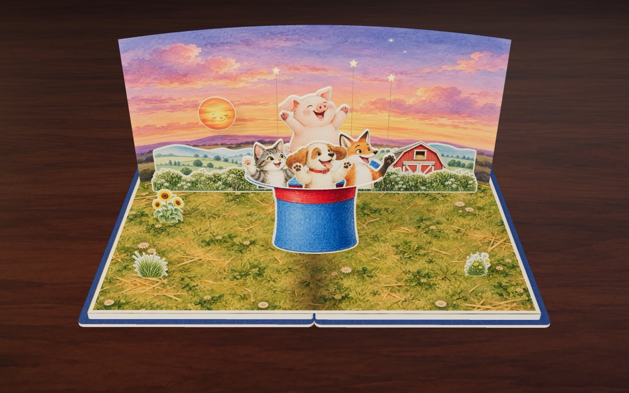 《Pig’s Big Hat》里，夕阳下小猪坐在蓝色大帽子里的猫、狗和狐狸上面。
