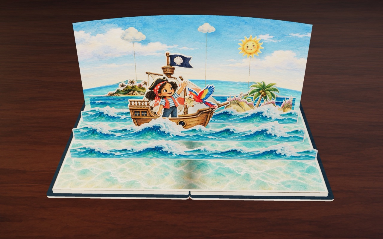 Captain Pepper sails her little ship, with Polly the parrot and the map.