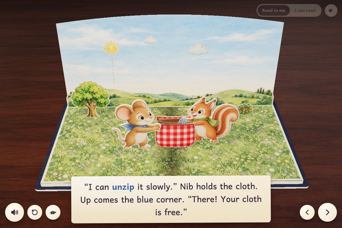 Nib 帮 Pip 取出卡住的蓝布。