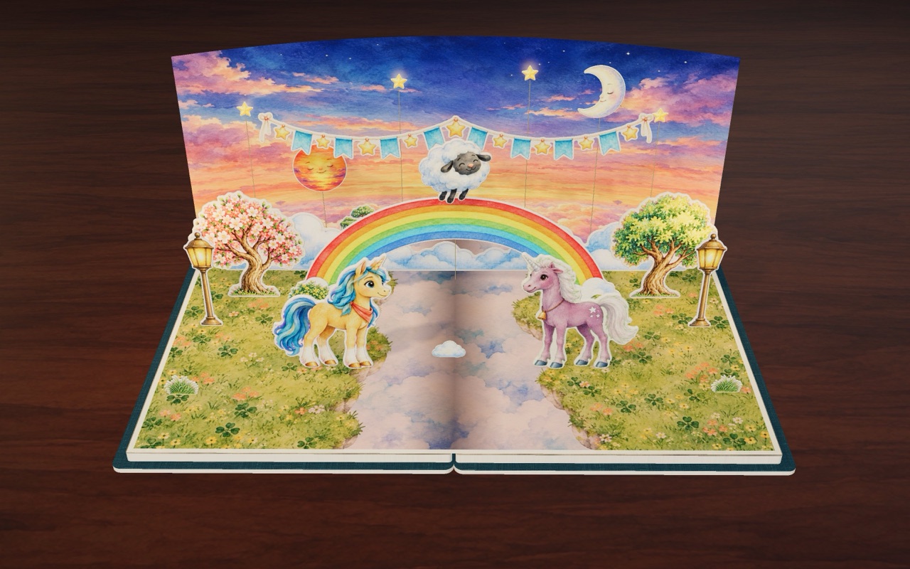 Sunset over the rainbow arch, with lanterns and the first stars.