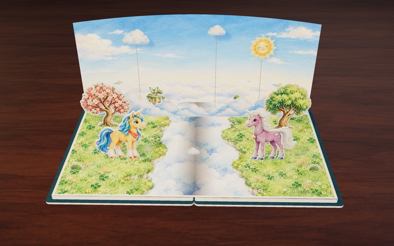 Sunny and Plum on their two sky islands, with a gap of clouds between them.