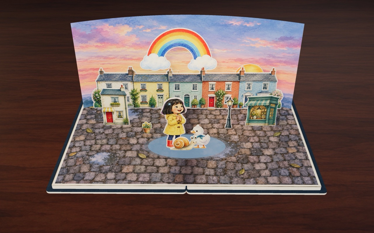 A rainbow over the town street at sunset.