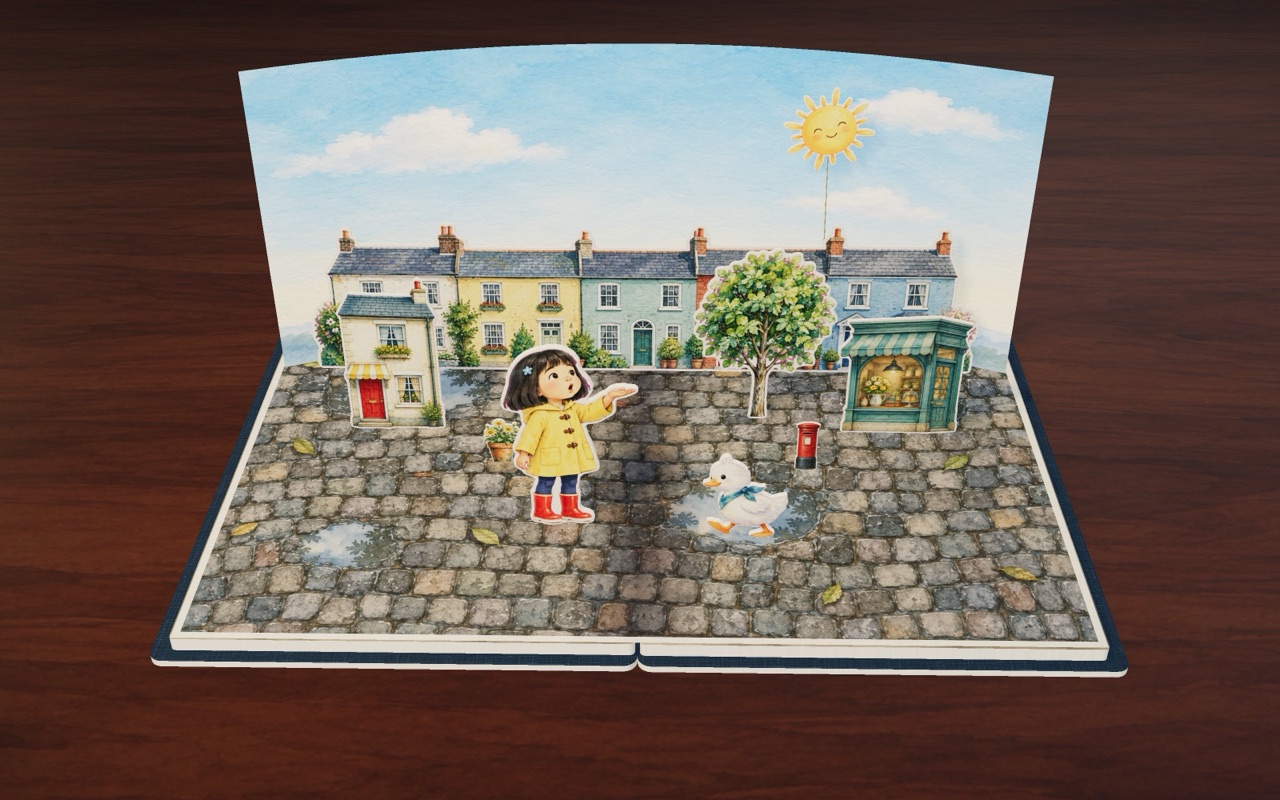 Mei in her new red boots on a dry, sunny street.