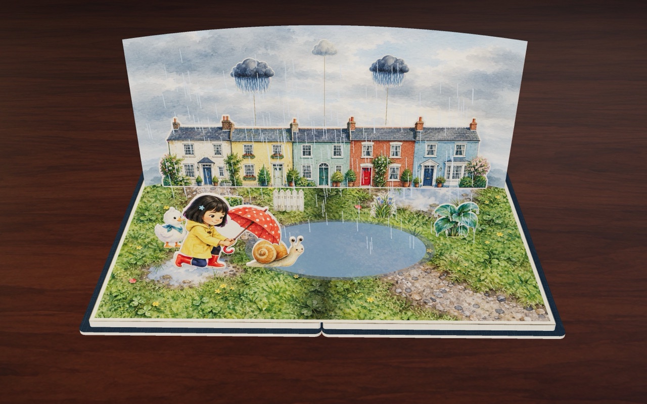 Mei holds her red umbrella over Shelly the snail in the pouring rain in Puddle Jump.