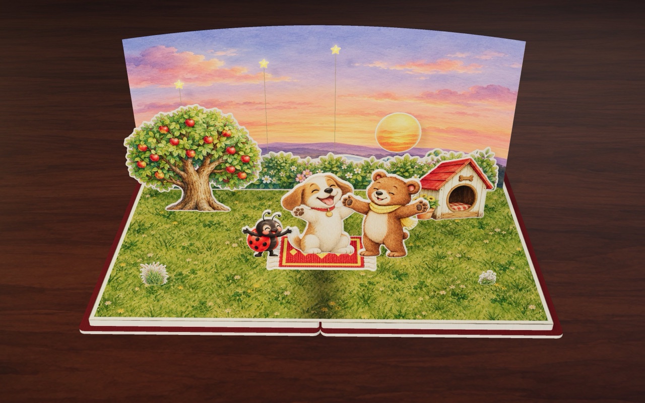 At sunset Bug, Pup and Cub hug on the red rug.