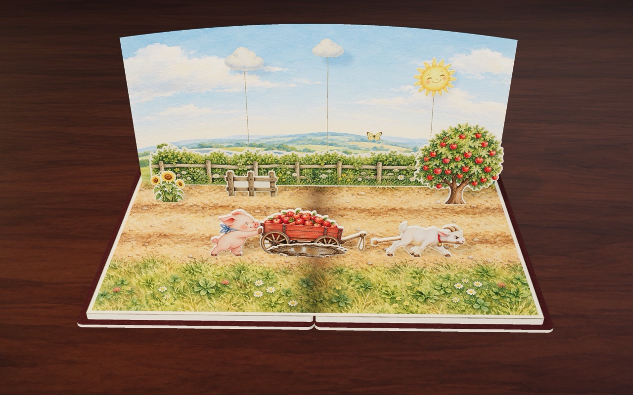 Pig pushes the stuck wagon while Goat pulls the rope, in Push and Pull.