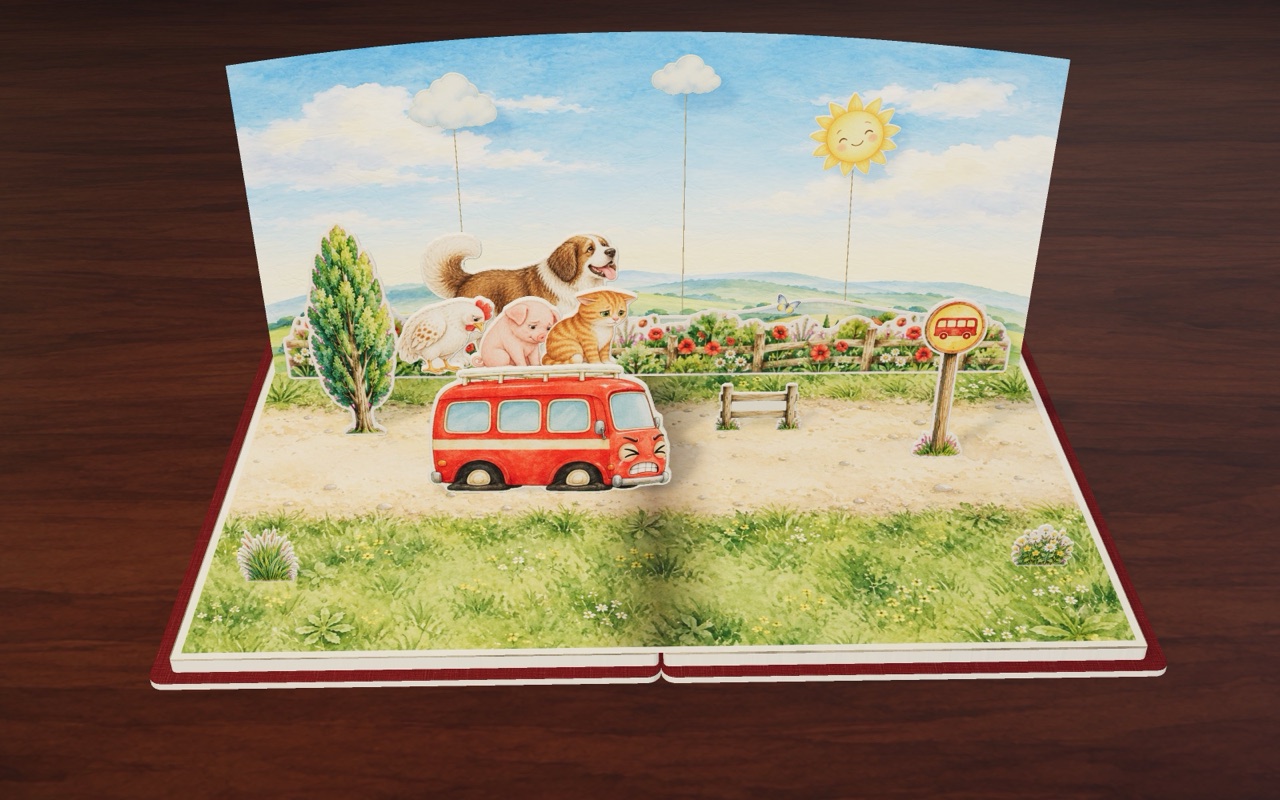 A big, big dog sits on the roof of the little red bus, and the bus is squashed flat.