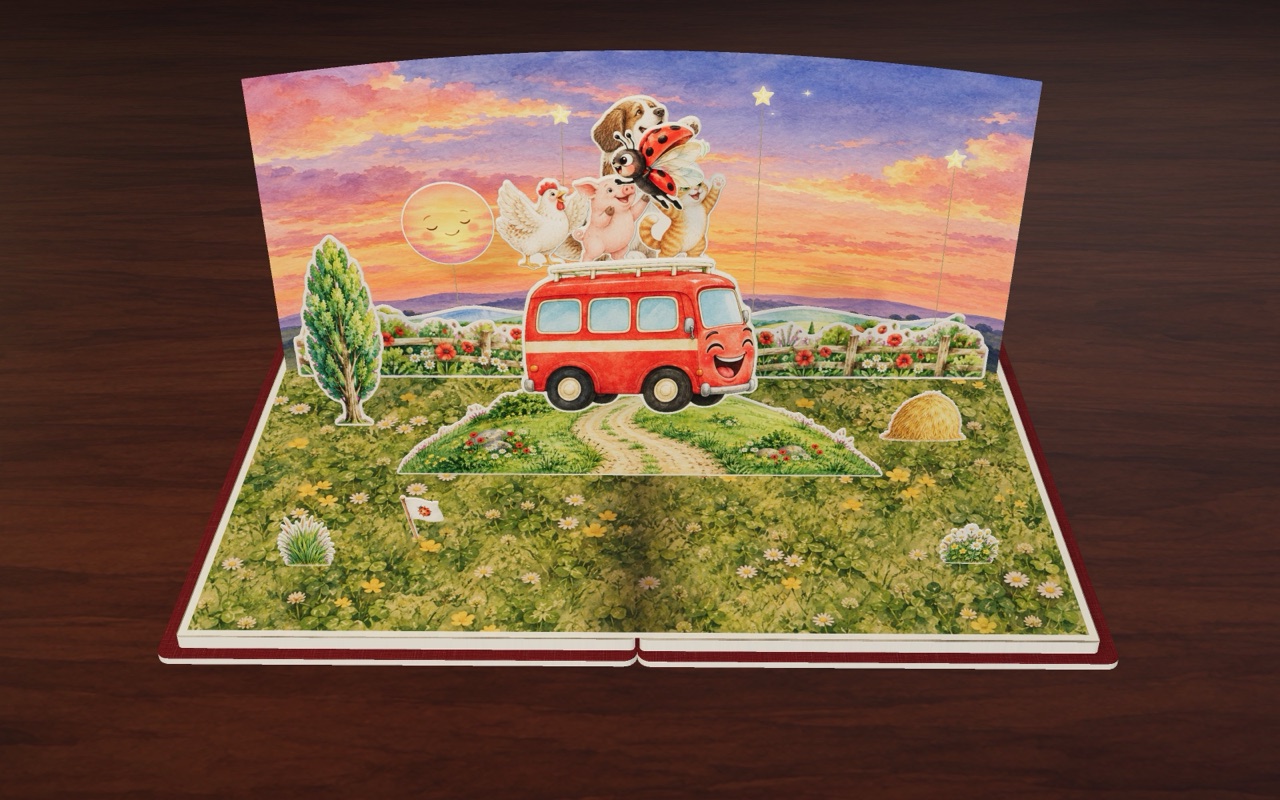 At sunset the little red bus is at the top of the hill, and a ladybug flies over its cheering friends.