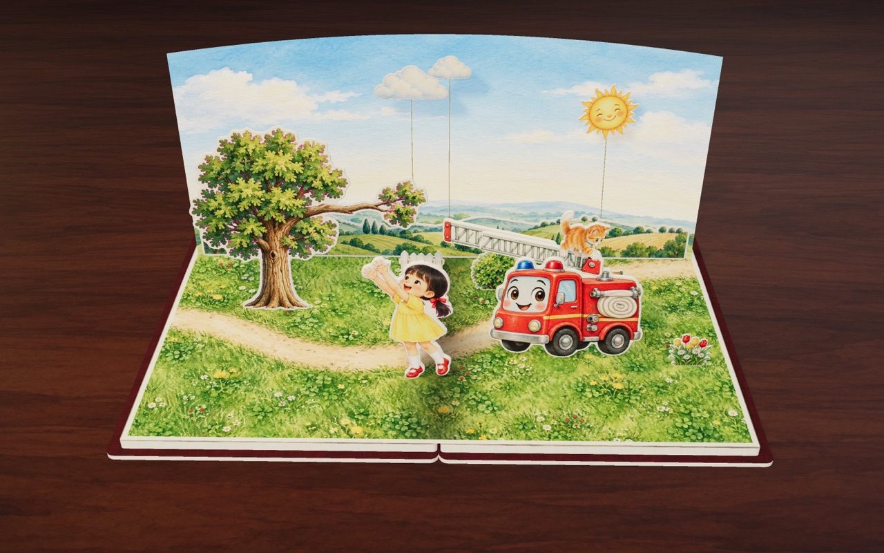 Ruby’s ladder reaches Button the kitten in the tall tree in Little Red Fire Truck.