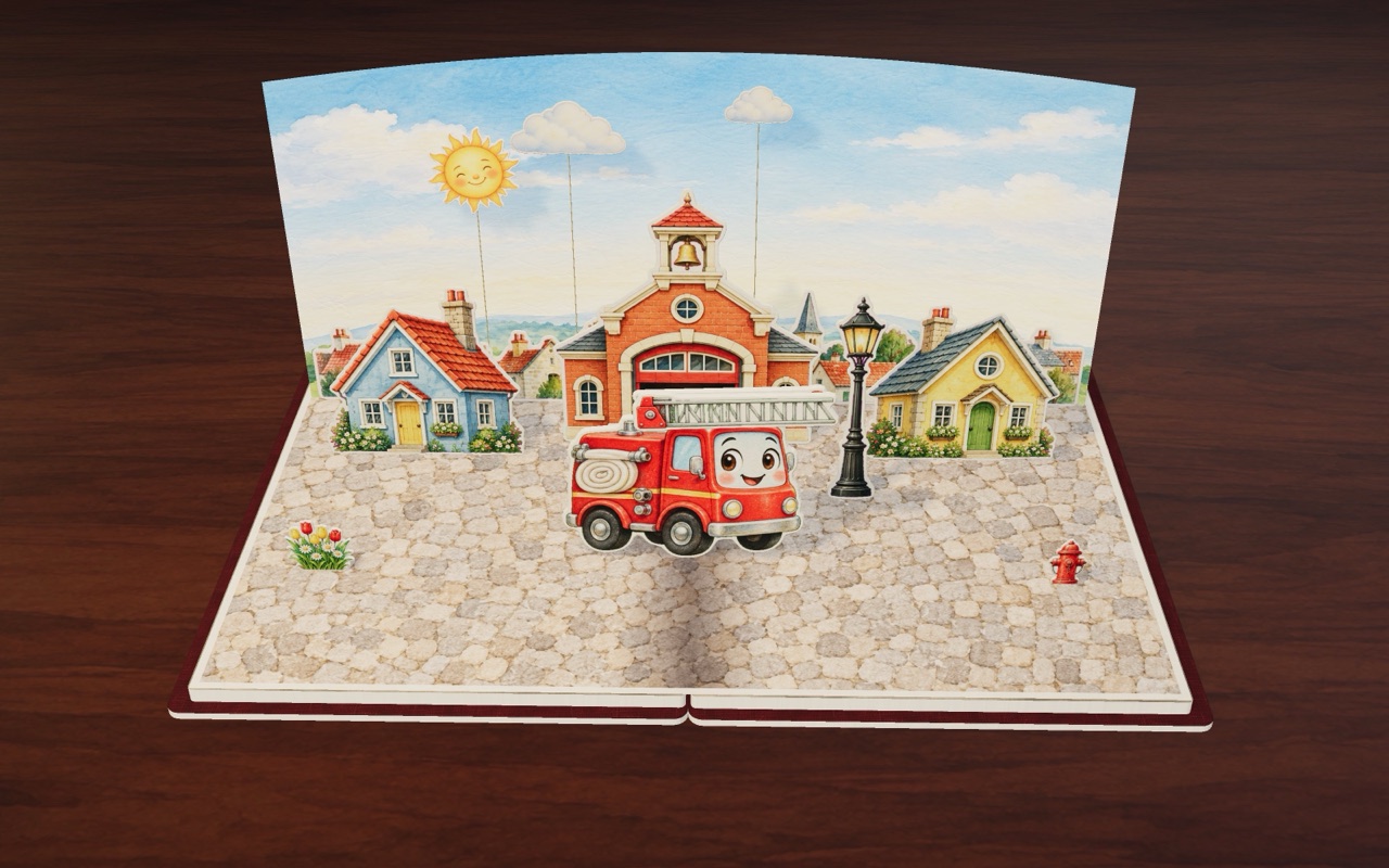 Ruby the little red fire truck in front of her fire station.