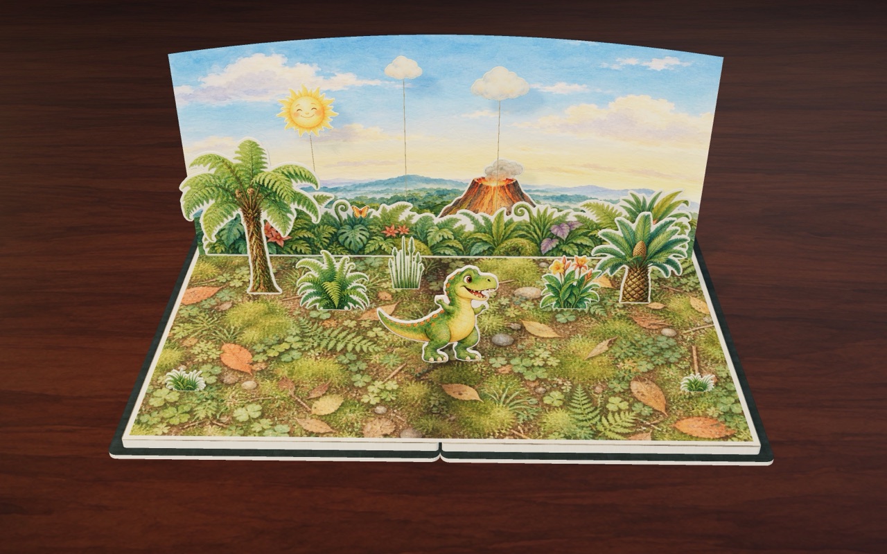 Rex stomps in the fern jungle by the smoky volcano.