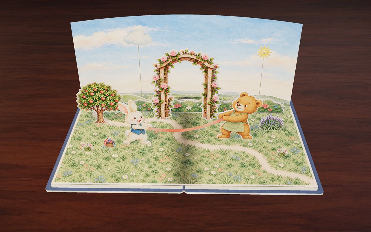Rabbit and Bear hold the two ends of a ribbon.