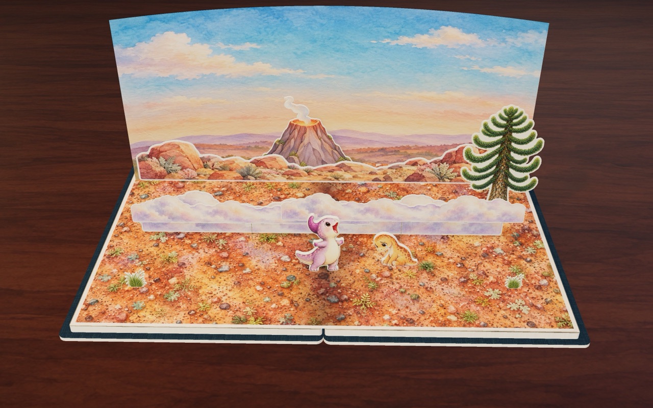 Tiny Pebble takes a big breath and roars in the foggy valley in Tiny Dino Can Roar.