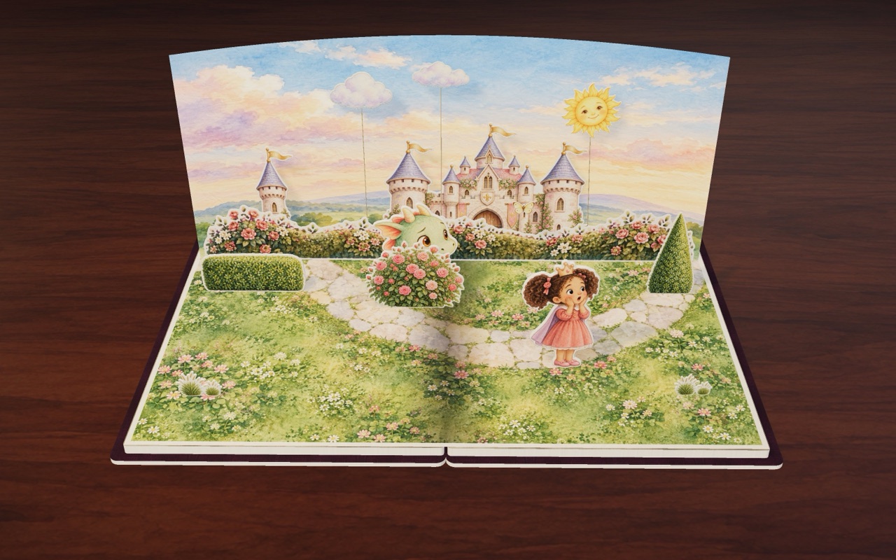 A little dragon peeks out of the roses in Princess Rosie and the Hidden Dragon.
