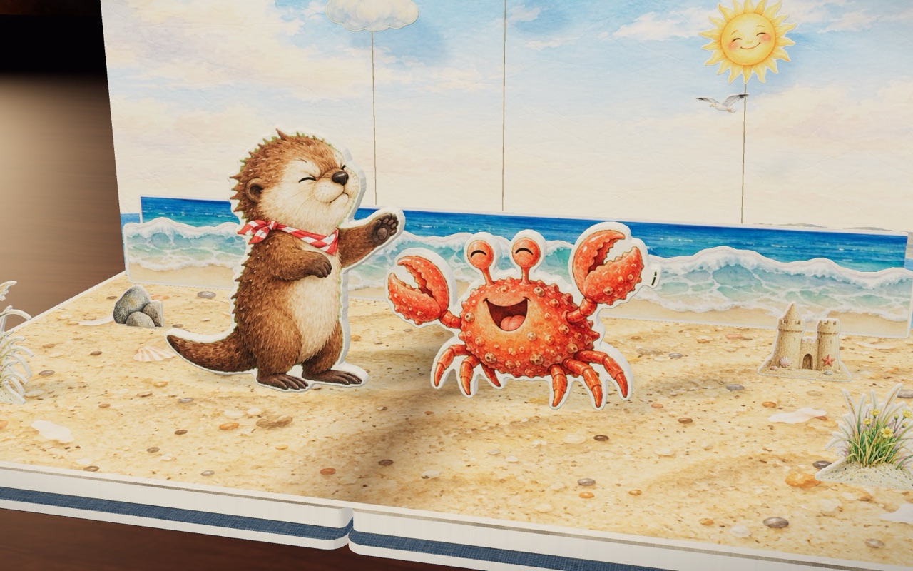 Olly the little otter pats Crab’s bumpy, rough shell on the sunny beach.