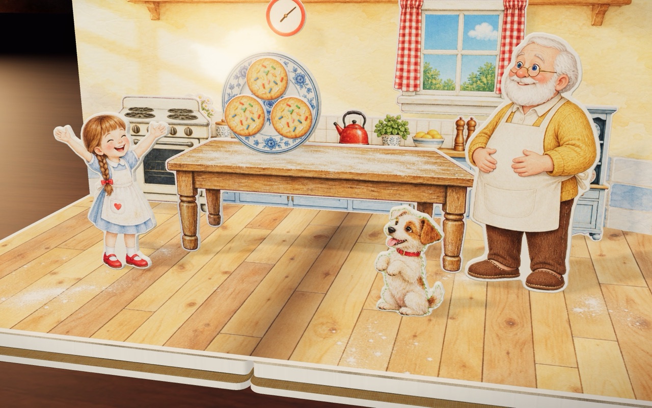 Amy, Grandpa and the little dog with round cookies on a round plate in Round and Square.