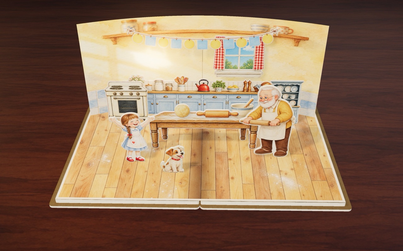 Amy and Grandpa bake cookies in a warm kitchen.