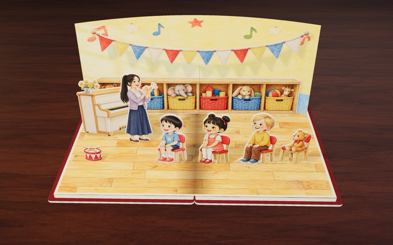 Bo, Mei and Sam sit on their little red chairs in the music room, with Teddy on his own chair.