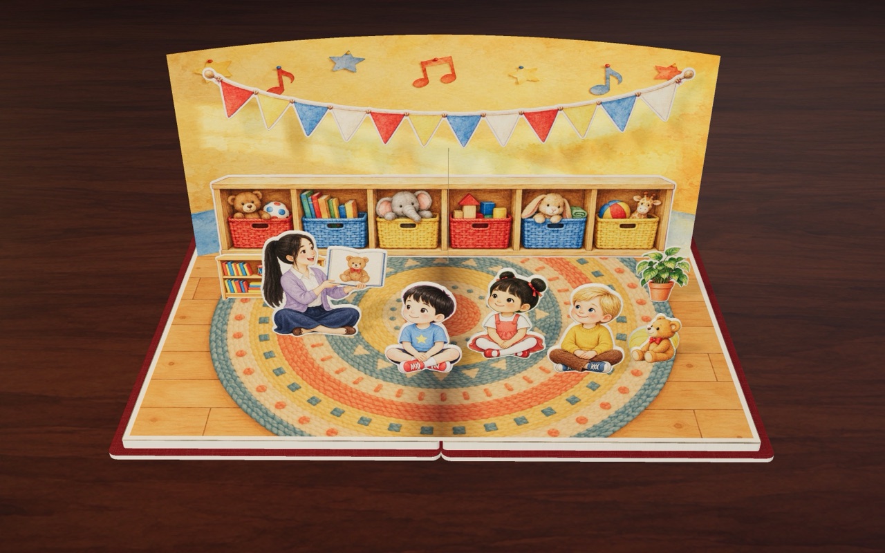 In the golden afternoon, everyone sits on the rug while Miss Lin reads a story.
