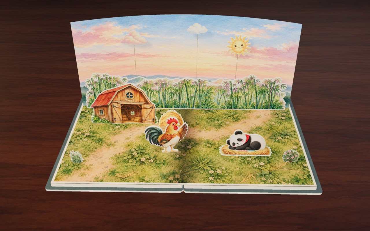At sunrise, the rooster wakes up by the little barn while Bobo sleeps in his straw bed.