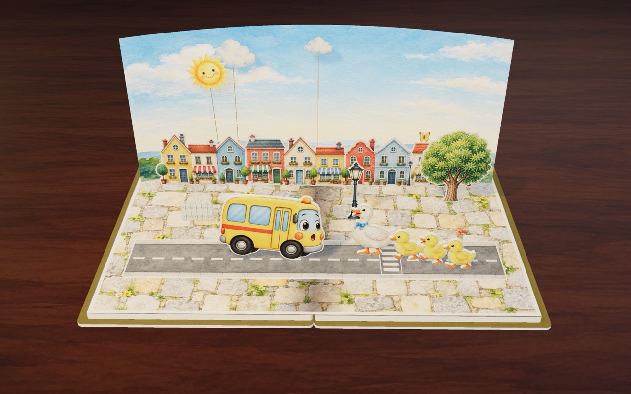 Beep the little yellow bus stops for Mama Duck and her ducklings on the zebra crossing in Stop, Go, Little Bus.
