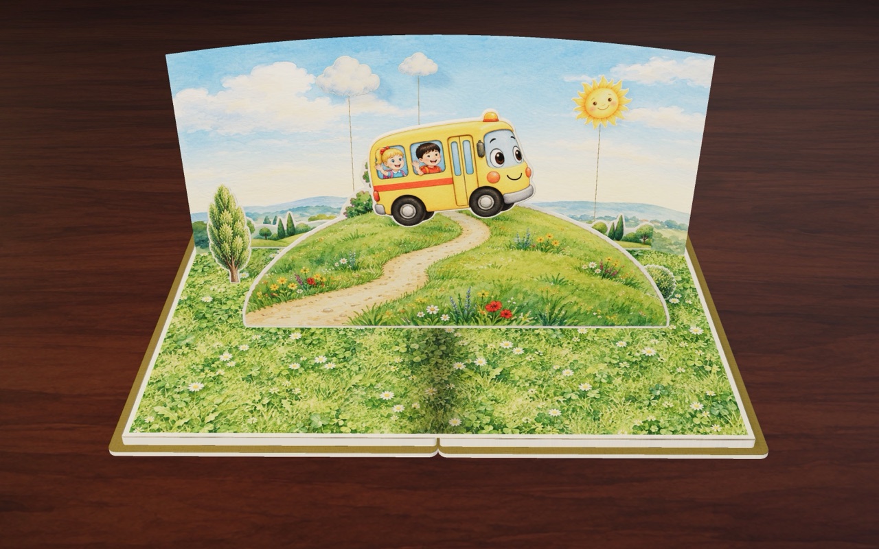 Two kids wave from Beep’s windows as the bus goes up the hill.