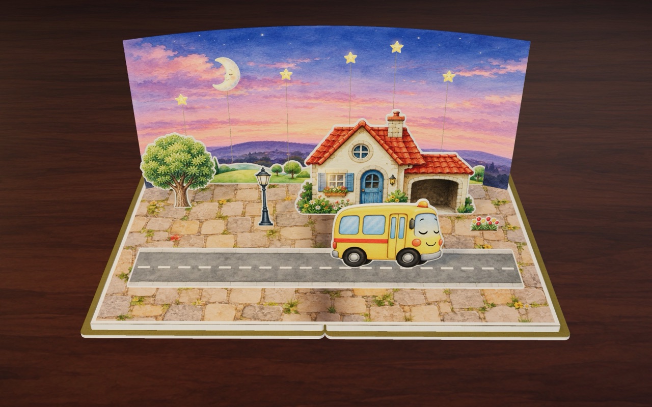 At dusk, Beep stops at home and falls asleep under the stars.
